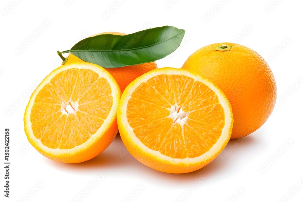 Orange fruit with leaves on white background Orange fruit with leaves on white background