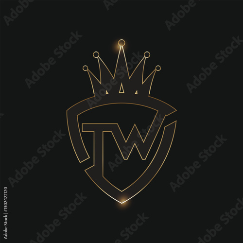Initial letter tw linked rounded logo template with gold gradient outline, dark grey color on black background