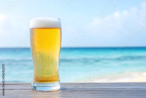 Glass of beer on beach sea background