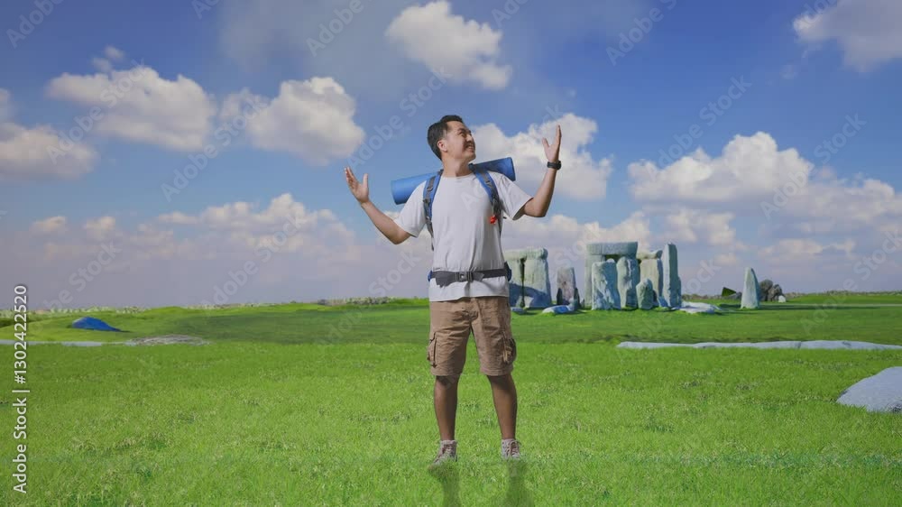 Full Body Of Asian Male Hiker With Mountaineering Backpack Smiling And Spreading Arms Enjoy Looking The View Around While Traveling In Stonehenge Full Body Of Asian Male Hiker With Mountaineering Backpack Smiling And Spreading Arms Enjoy Looking The View Around While Traveling In Stonehenge