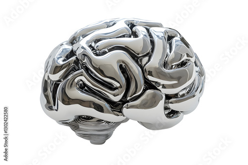 AI brain made from metal isolated on a white or transparent background, stock neural network, futuristic technology concept