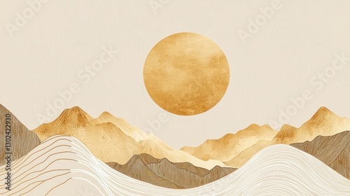 Minimalist line art with golden mountains and an abstract circle sun on a beige background for wall art.