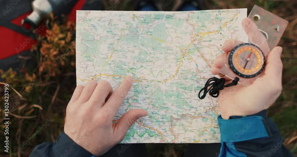 custom made wallpaper toronto digitalClose-up shot of map, compass and hands of hiker in mountains. Exploring wildlife, planning route and navigating rough terrain. Adventure and exploration in nature.