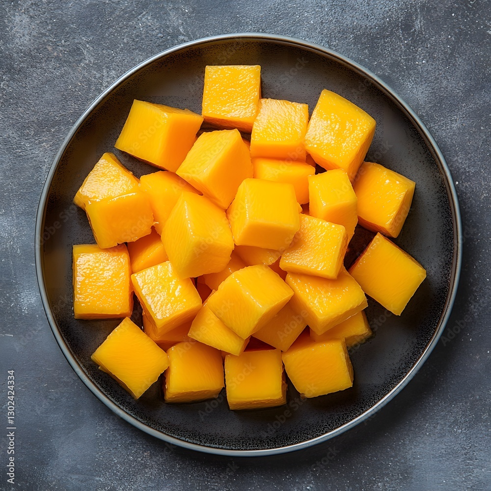 Diced Mango Cubes on a Dark Plate Diced Mango Cubes on a Dark Plate