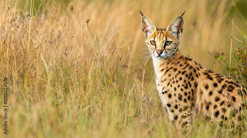 Obraz premium A serval cat standing in tall African grass, its golden fur blending with the surroundings
