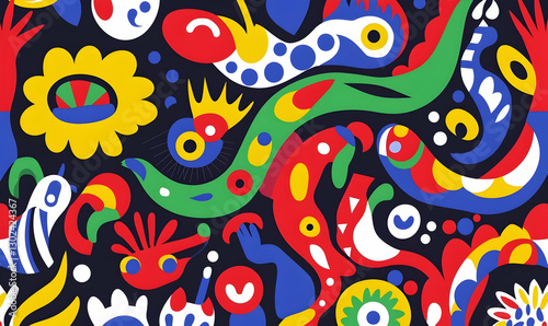 Colorful Abstract Art with Whimsical Shapes and Vibrant Patterns