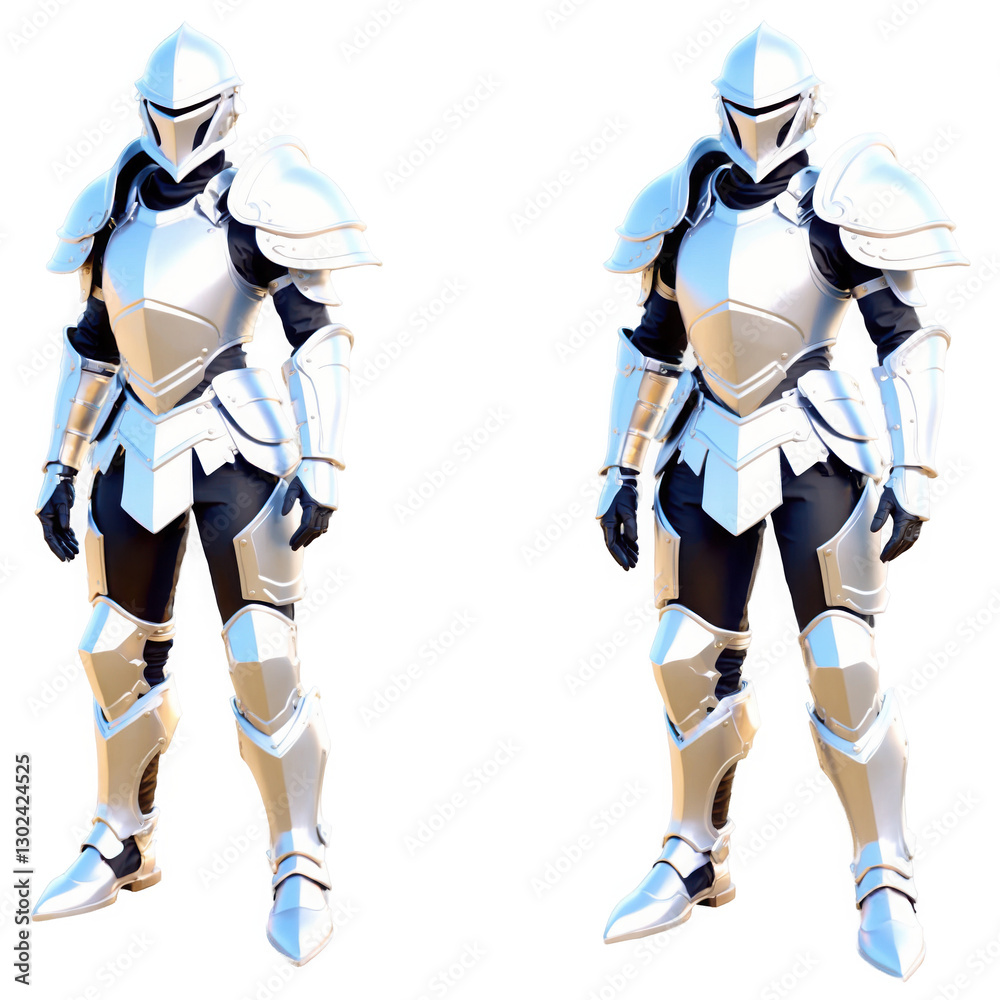 Silver armor warrior standing. Fantasy metallic knight in full body protection. PNG transparent isolated. Silver armor warrior standing. Fantasy metallic knight in full body protection. PNG transparent isolated.