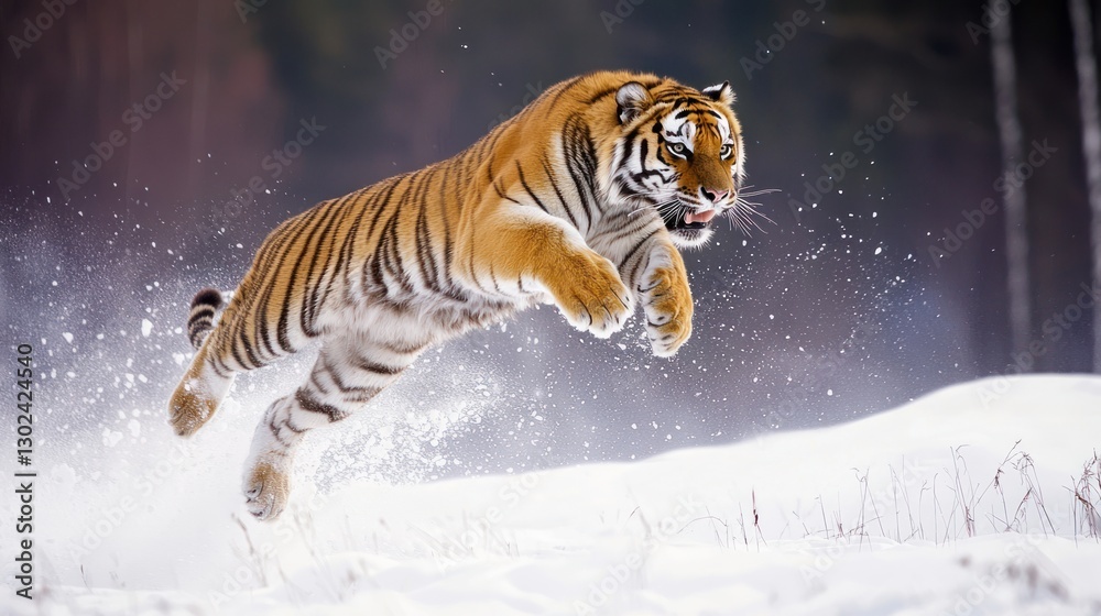 Obraz premium A Siberian tiger leaping across a snowy landscape, powerful muscles visible beneath its thick coat