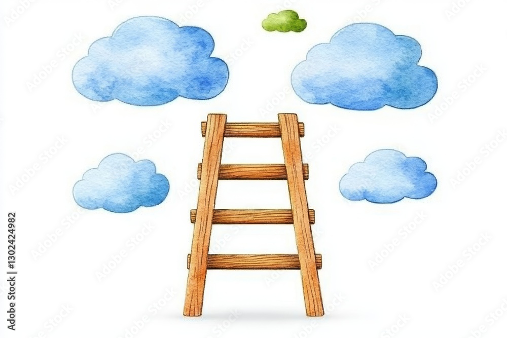 A serene landscape features a watercolor dream of a cloudy journey with a ladder, isolated on white