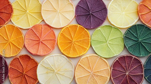 A vibrant arrangement of colorful circular patterns resembling slices of fruit, showcasing an assortment of hues including orange, yellow, green, and purple, ideal for design and decorative concepts.