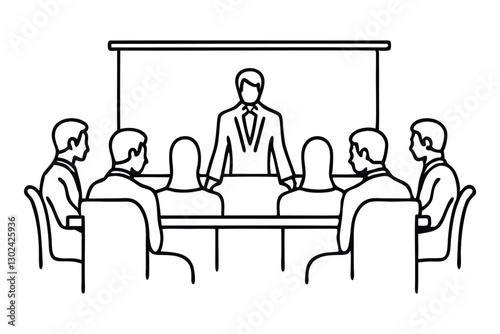 Business professionals engaged in a meeting with a presenter at the forefront. Line art flat vector illustration on white background.