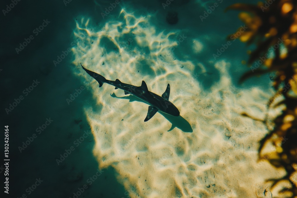 Obraz premium A Stunning Underwater Perspective of a Shark Swimming Near the Ocean Floor, Casting a Shadow on the Sand, Captured with High-Resolution Clarity