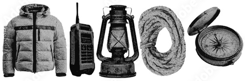 Set of outdoor camping and hiking halftone grunge vector design elements