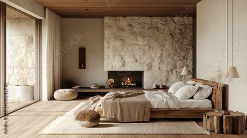Relaxing Bedroom Interior with Fireplace and Stone Wall Design