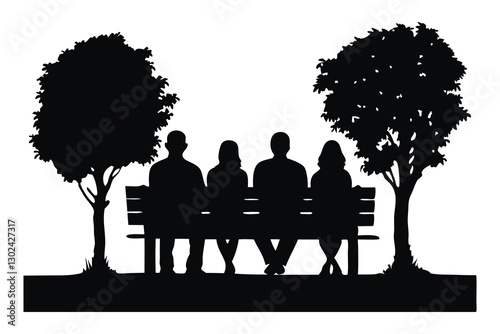 People sitting on a park bench silhouettes set isolated flat vector illustration on white background