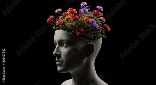 Head Planter Flowers with Inner Beauty and Growth against Black Background