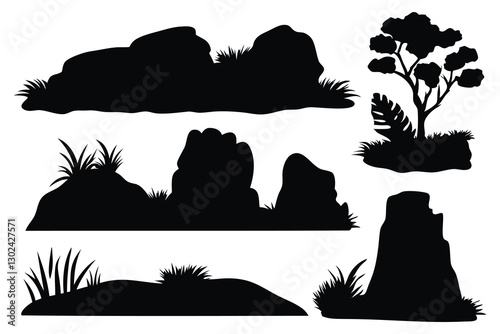  Rocks with tree silhouettes set isolated flat vector illustration on white background