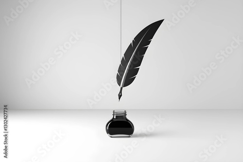 Elegant quill and inkwell on a clean white background. 