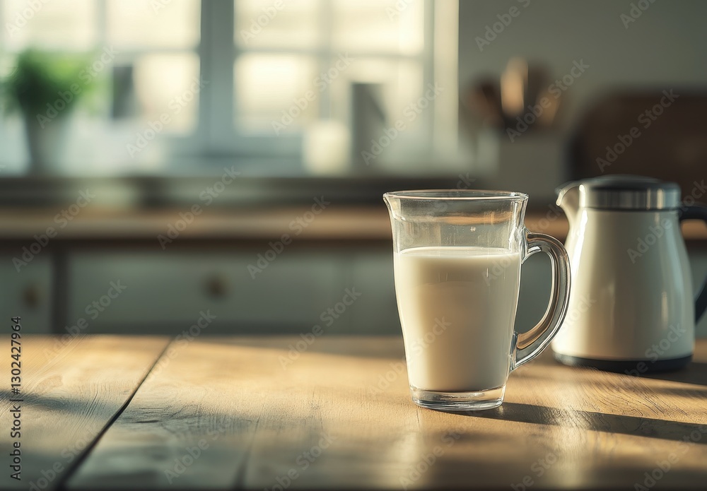 Glass of Milk on Wooden Table in Bright Kitchen with Natural Light and Minimalist Decor – Morning Scene for Refreshing Drink Enthusiasts Glass of Milk on Wooden Table in Bright Kitchen with Natural Light and Minimalist Decor – Morning Scene for Refreshing Drink Enthusiasts
