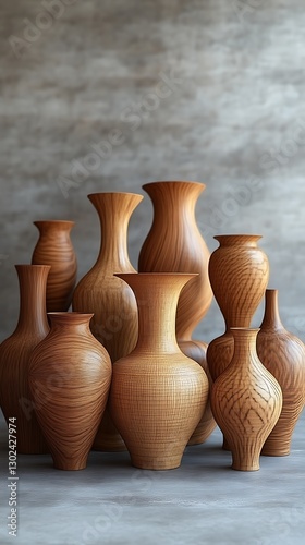 Wood Vases Grouped on Gray Surface