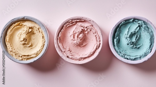 Natural clay masks lined up in pastel colors.