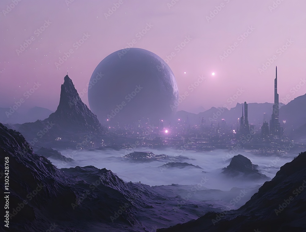 Obraz premium Futuristic Cityscape Beneath a Giant Planet and Mountains