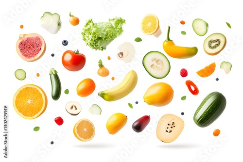 Fresh fruits and vegetables in air on white background