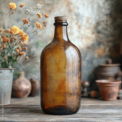 Antique amber bottle, rustic setting, dried flowers, vintage background, design element