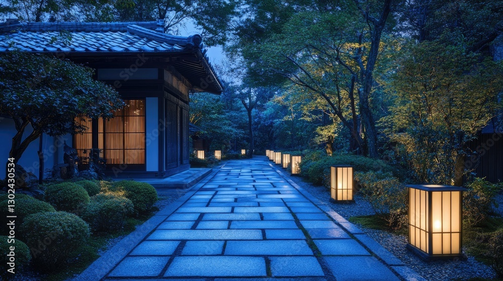A beautifully arranged garden path illuminated by glowing ground lights at night. A beautifully arranged garden path illuminated by glowing ground lights at night.
