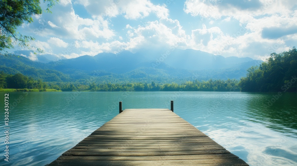 Fototapeta premium Serene Lake View with Wooden Dock and Majestic Mountain Landscape