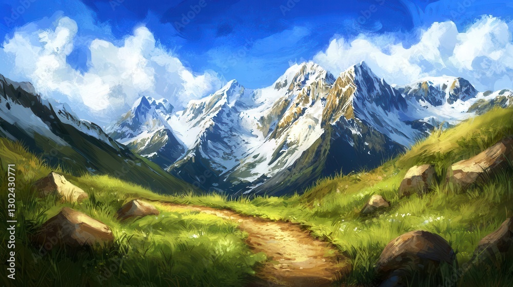 Fototapeta premium Serene Mountain Path Grassy Meadow SnowCapped Peaks Sunny Sky