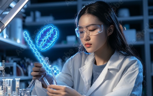 Female scientist in lab coat examines test tube with glowing DNA; scientific research photo