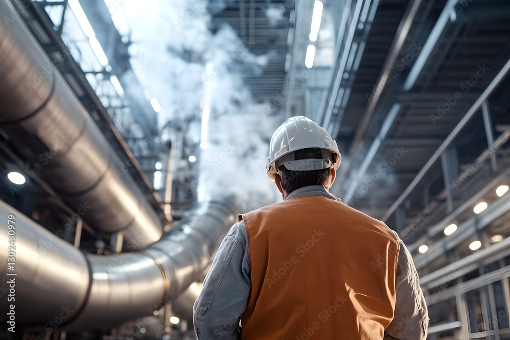 Fototapeta premium A worker wearing a yellow hard hat and safety vest