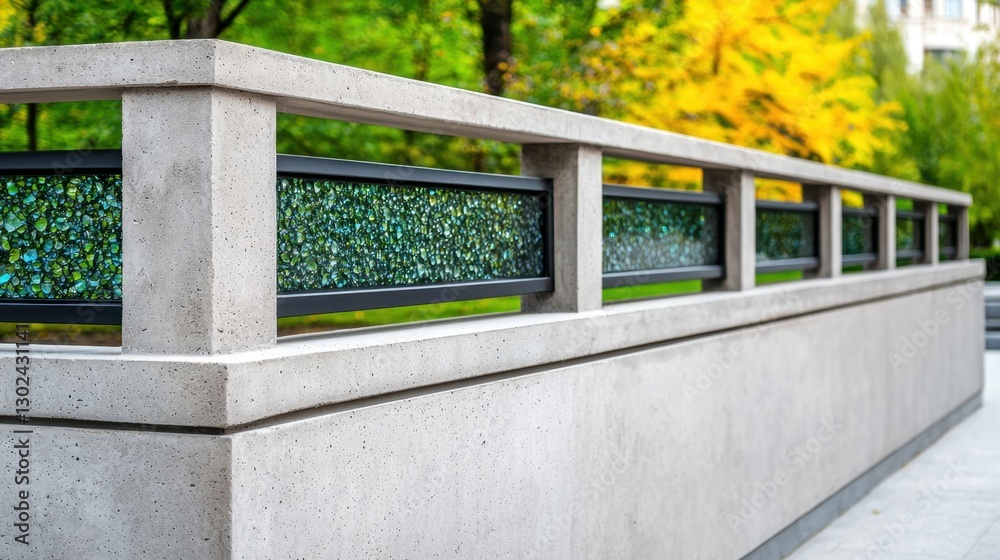 Construction Glass Aggregates Concept, Modern Concrete Retaining Wall Featuring Decorative Glass Aggregate in Lush Green Landscape Construction Glass Aggregates Concept, Modern Concrete Retaining Wall Featuring Decorative Glass Aggregate in Lush Green Landscape