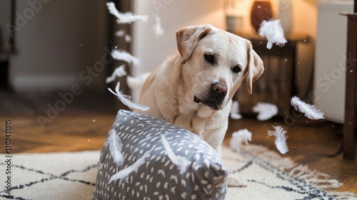 The Labrador Retriever shakes the pillow back and forth. There are feathers flying everywhere. The action takes place in a cozy room. The background is blurred. photo