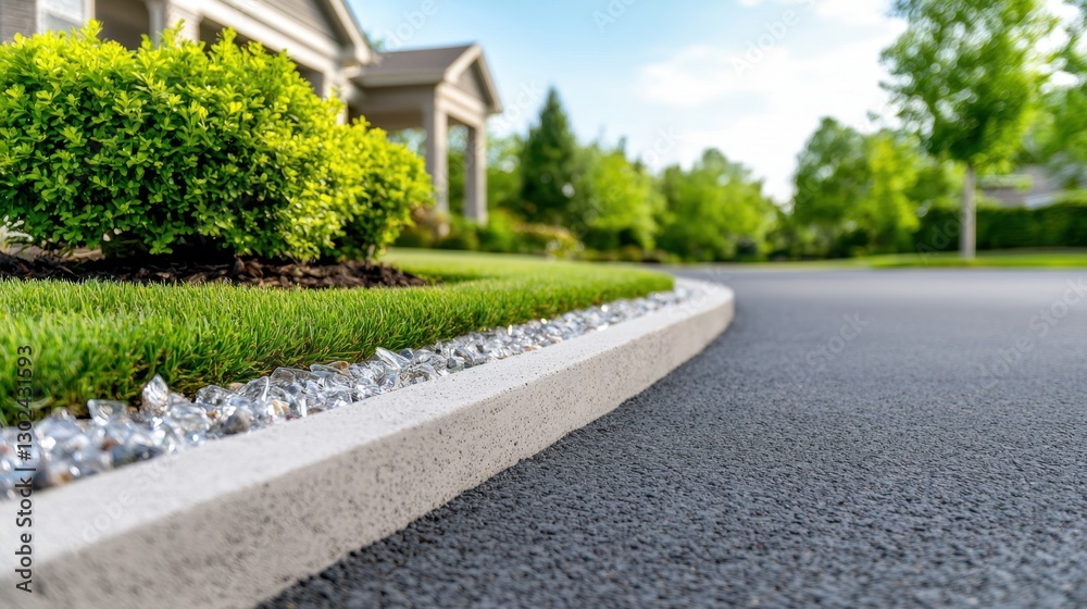 Construction Glass Aggregates Concept, A Modern Driveway Design Featuring Concrete Borders and Decorative Crushed Stone for Enhanced Curb Appeal Construction Glass Aggregates Concept, A Modern Driveway Design Featuring Concrete Borders and Decorative Crushed Stone for Enhanced Curb Appeal