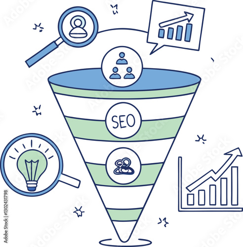 Photography Digital marketing funnel with social media, SEO, and analytics icons