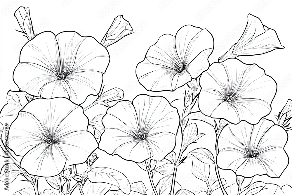 Fototapeta premium An artful illustration of several detailed open blossoms with leaves