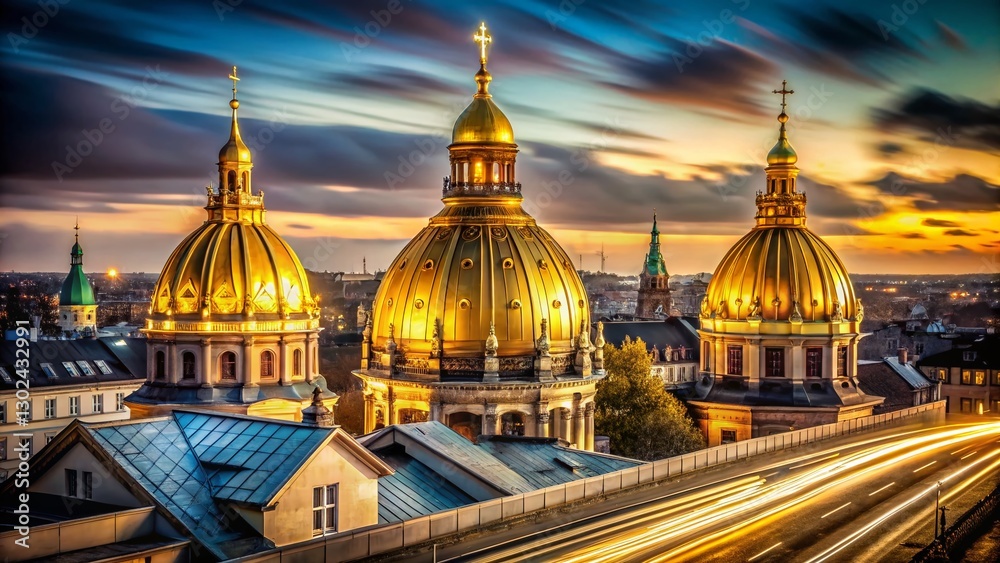 Fototapeta premium Copenhagen Alexander Nevsky Church Golden Domes Long Exposure Night Photography