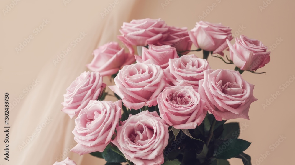 Fototapeta premium A bouquet of pink roses on a delicate beige background. The background is blurred with a place to copy.
