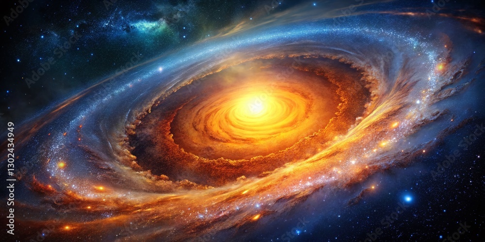 Cosmic Spiral Galaxy with Vibrant Orange Core - Celestial Stock Photo Cosmic Spiral Galaxy with Vibrant Orange Core - Celestial Stock Photo