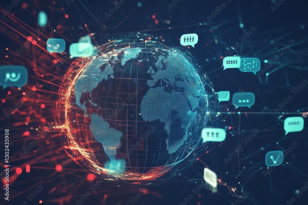 Futuristic Digital Globe Surrounded by Speech Bubbles Representing Multilingual Voice Search Futuristic Digital Globe Surrounded by Speech Bubbles Representing Multilingual Voice Search