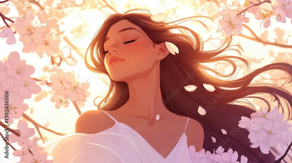 Woman Serene Amidst Blossoming Cherry Trees Woman Serene Amidst Blossoming Cherry Trees