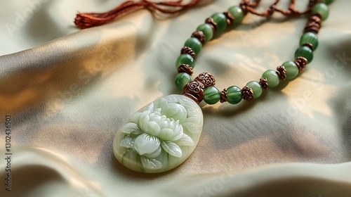 Exquisite Green Jade Pendant Necklace on Silky Satin Fabric Backdrop