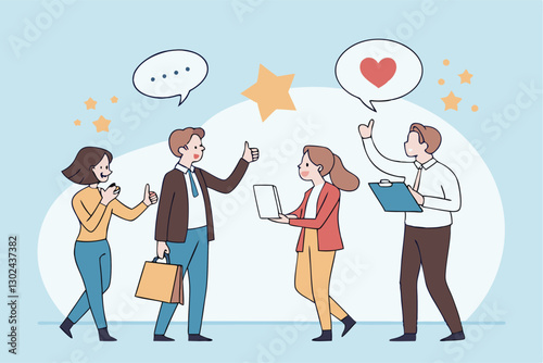 Employee feedback, opinion or rating review, customer service quality, survey result or social media comment, appraisal, evaluation or ranking concept, business people giving feedback communication.