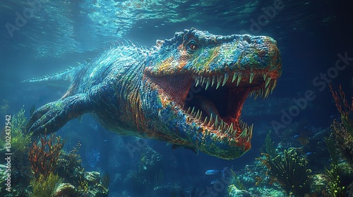 Fototapeta Naklejka Na Ścianę i Meble -  A colorful dinosaur swims underwater among coral and marine plants