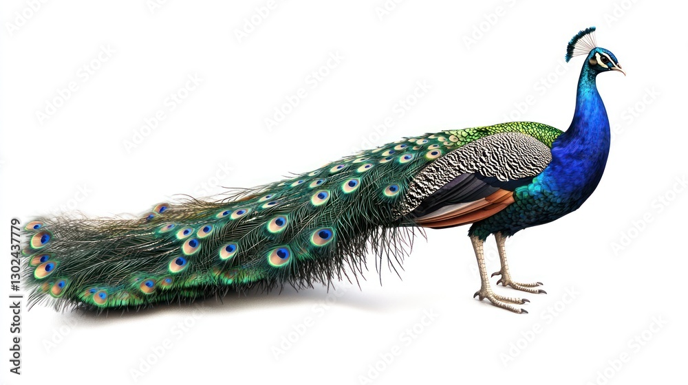 Fototapeta premium Majestic Indian peafowl with vibrant plumage displayed against a white background.