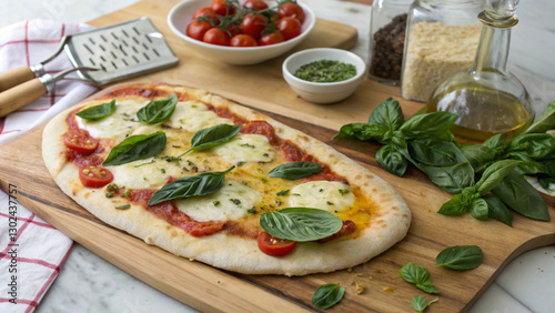create a high quality, 35 mm photographic style, image of a margerita flatbread. the bread should be topped with fresh basilleaves and drizzled with olive oil, served on a wooden chopping board on a k photo