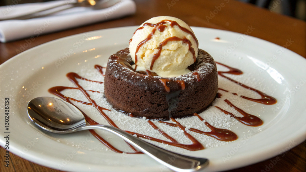 A small, round chocolate lava cake with vanilla ice cream on top, drizzled in fudge sauce and melting into the center of its white plate. A small, round chocolate lava cake with vanilla ice cream on top, drizzled in fudge sauce and melting into the center of its white plate.