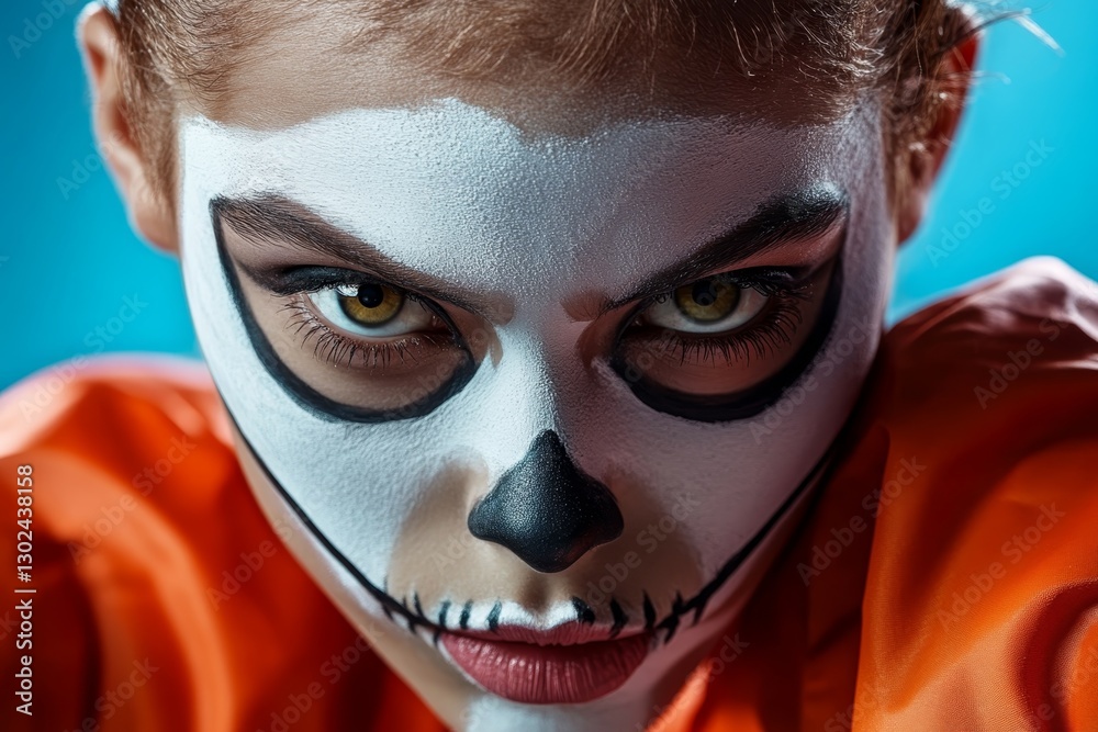 Creative skull face paint transformation for Halloween celebration with intense gaze and thematic costume Creative skull face paint transformation for Halloween celebration with intense gaze and thematic costume